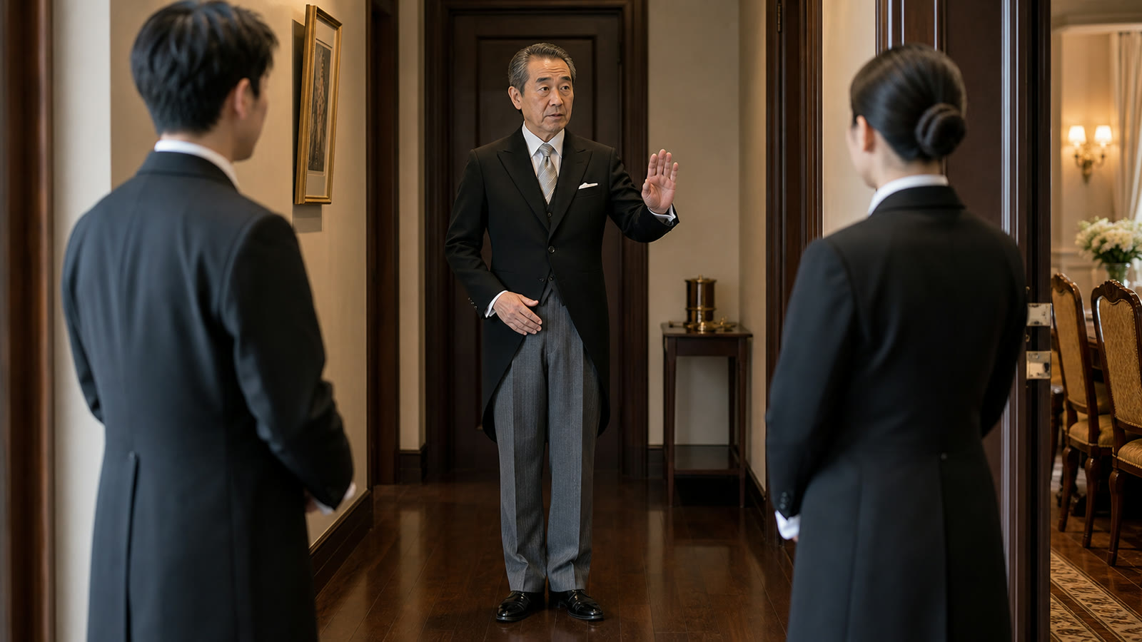 音と気配を抑える動きを指導する上級執事