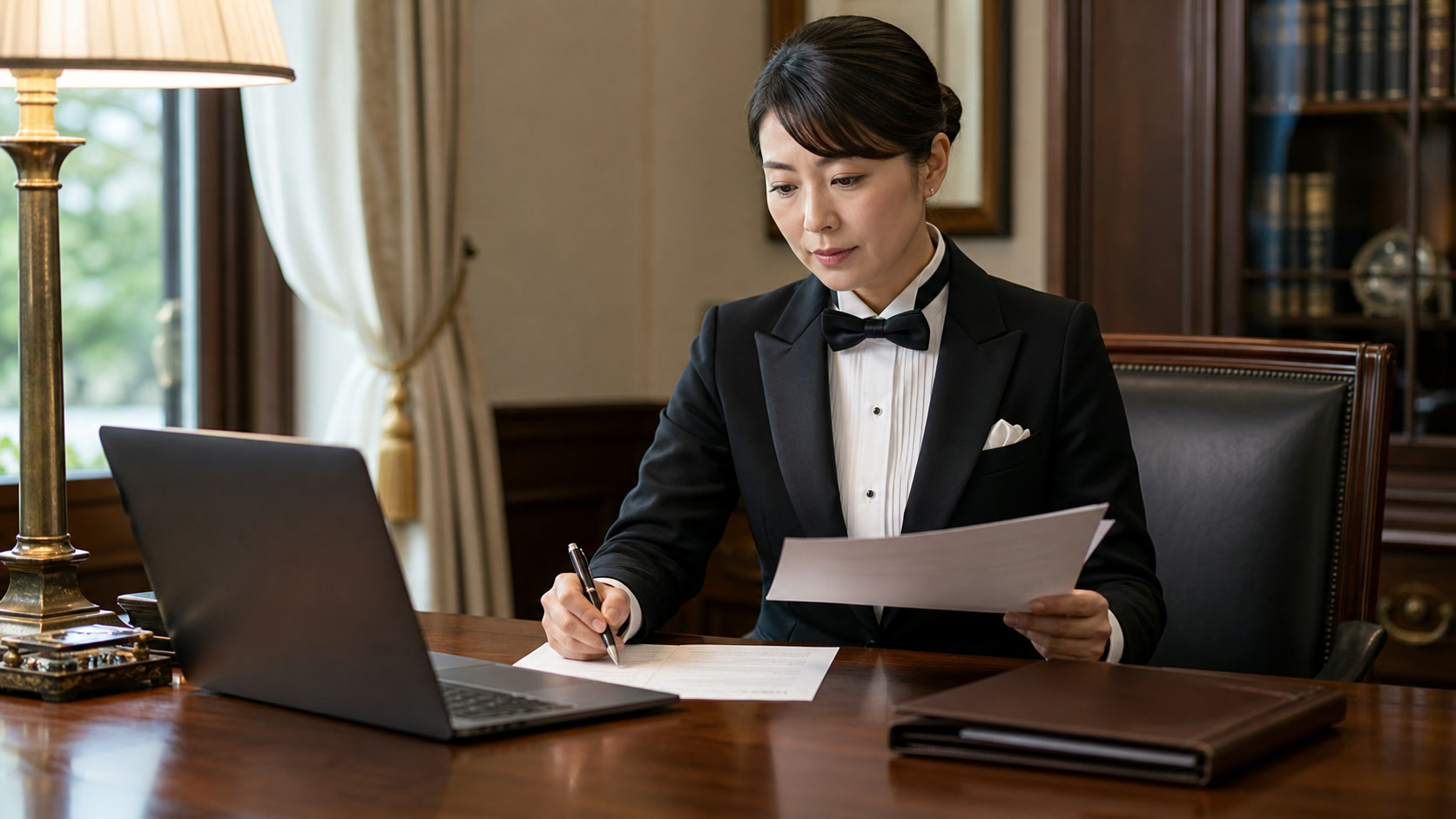 デジタル画面を前に技術と向き合い人の判断を保つ執事