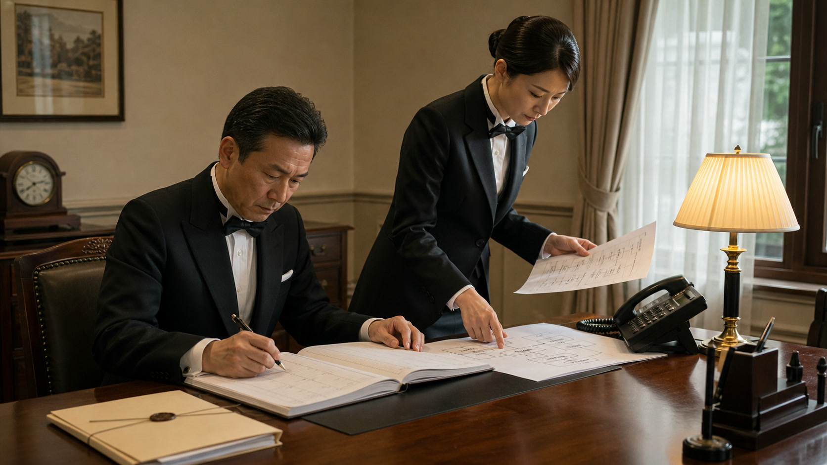 緊急連絡を取りながら対応内容を記録簿へ残す執事