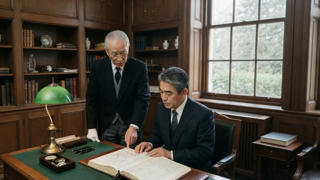 上級執事バトラーが邸宅の書斎で家事管理とビジネスサポートを行い、主人の予定を確認する様子