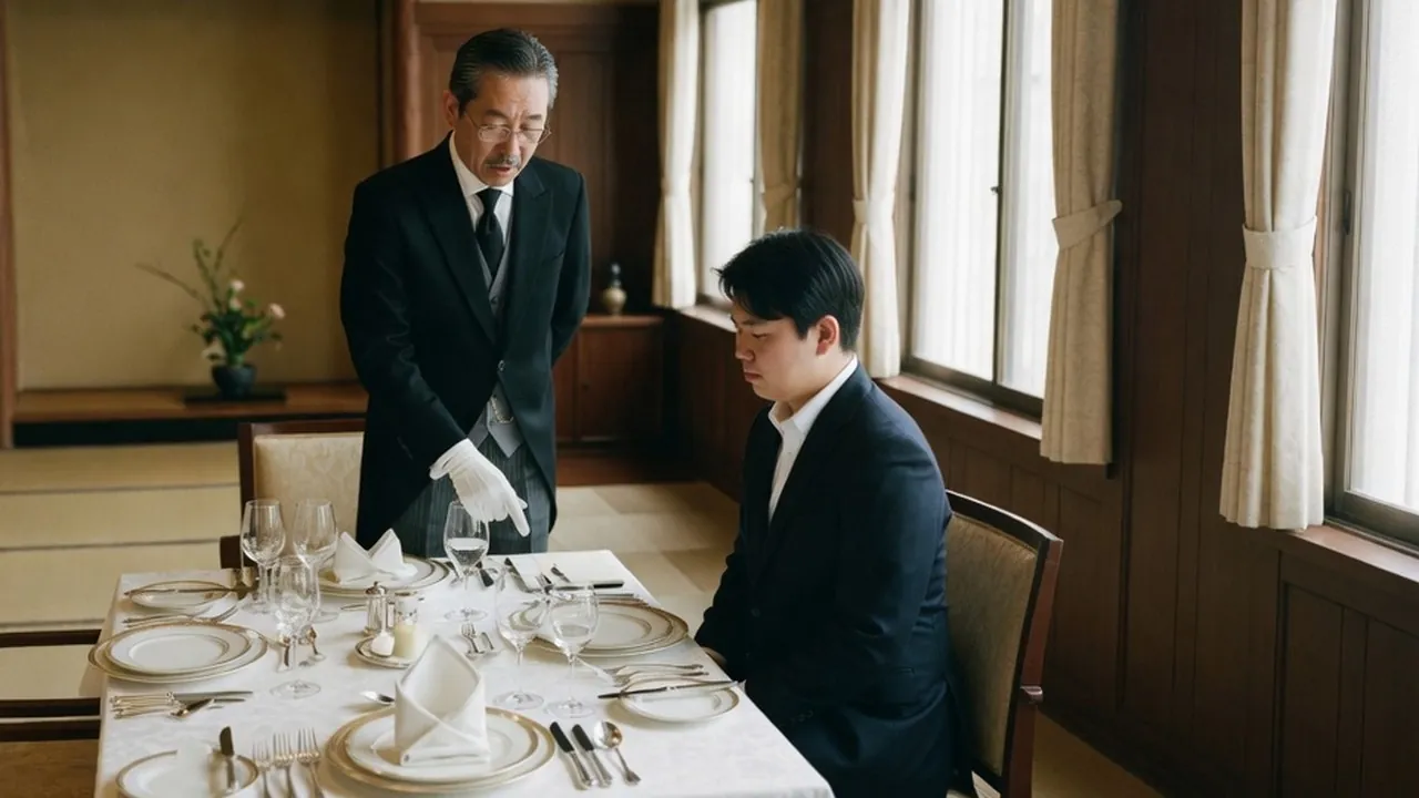 Associate Butler training scene, with a trainee learning the basics of table manners guided by a butler