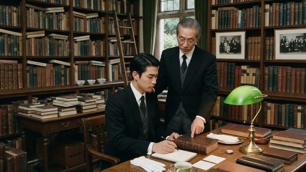 Master Butler mentoring scene, a top-tier certified butler guiding junior butlers with exceptional skill