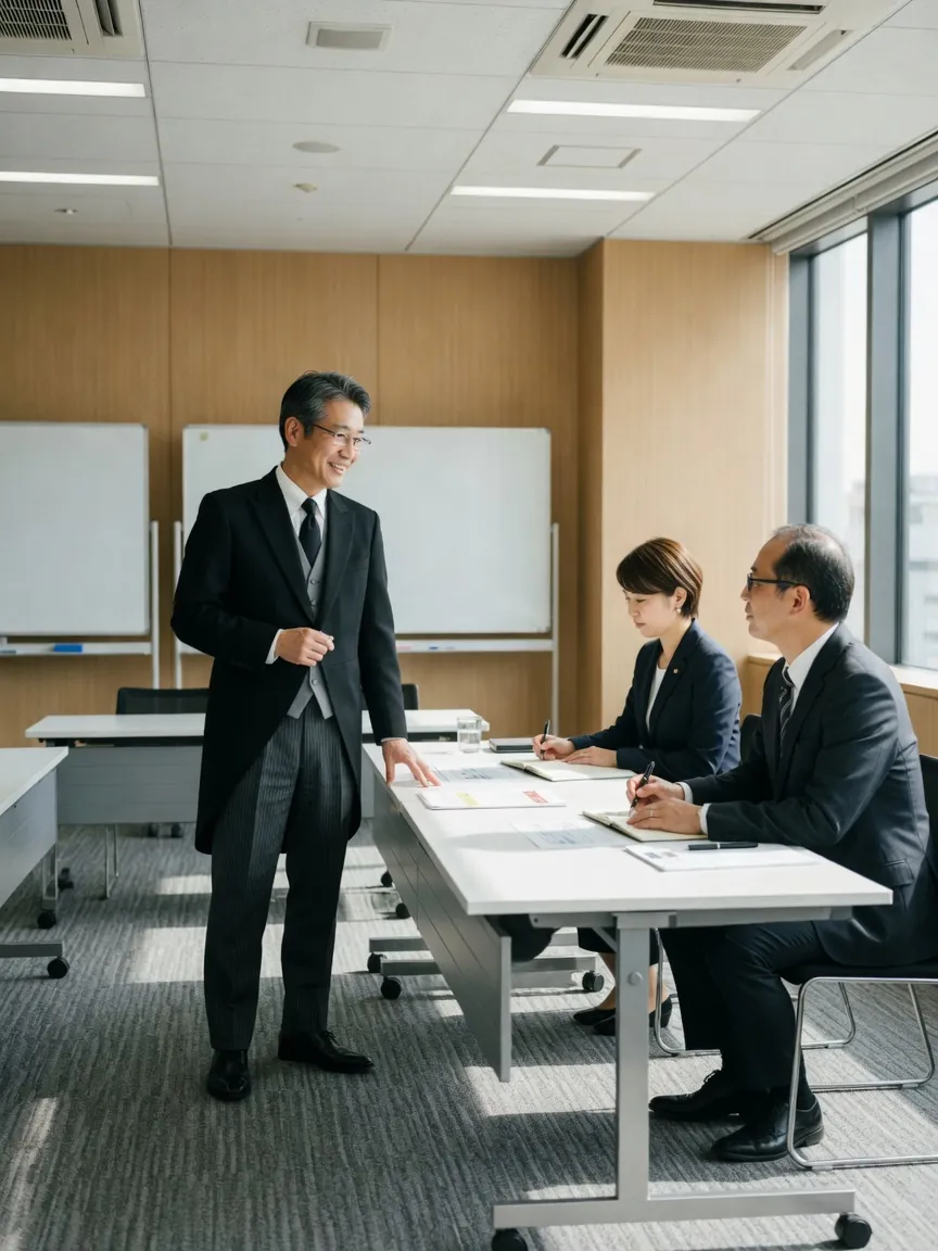 執事が受講者にチームを効果的に導くリーダーシップの技術を指導する法人向けセミナーの様子